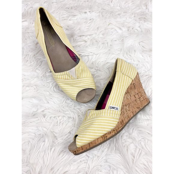 Toms Yellow White Stripe Canvas Cork Wedge Peep Toe Shoes 7.5 - Picture 1 of 6